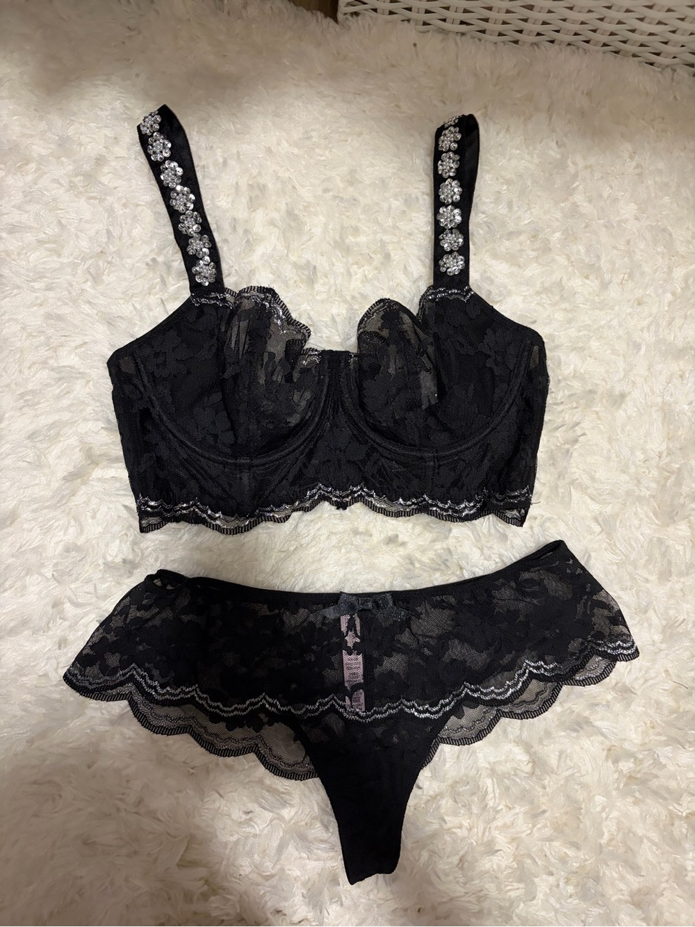 Victoria's Secret Black Lace Longline Bralette with Jeweled Straps & Lace Thong